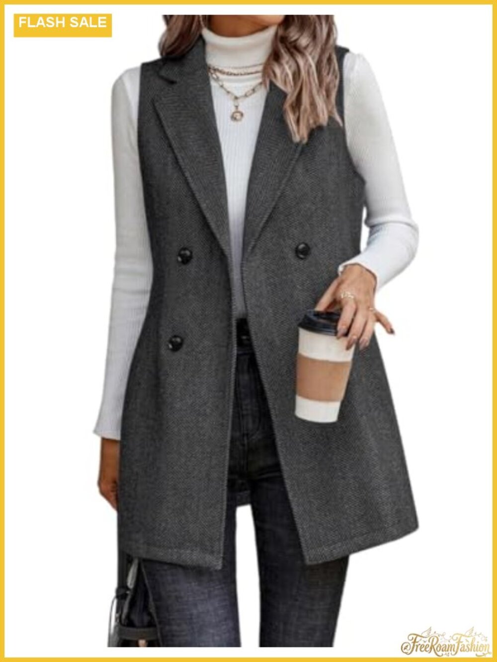 Womens Long Sleeveless Tweed Blazer Vest Double Breasted Cardigan Jacket